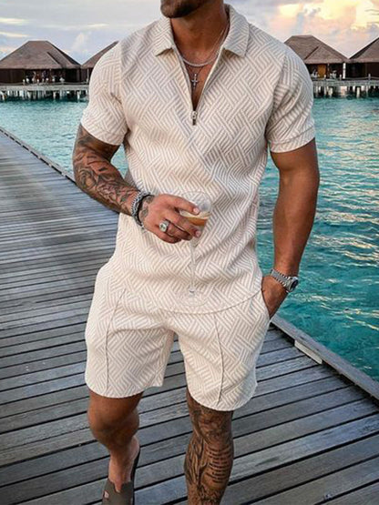 Men’s Casual Zip Polo & Shorts Set for Summer Outings