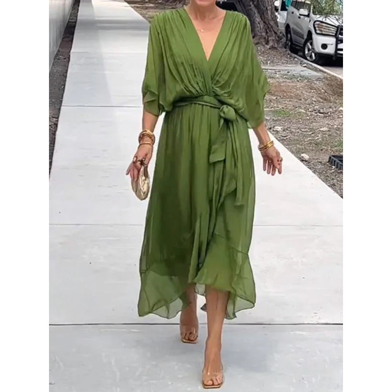 Women’s Elegant Wrap Midi Dress with Flowing Sleeves for Special Occasions