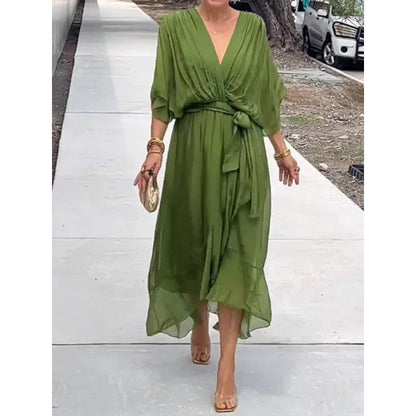 Women’s Elegant Wrap Midi Dress with Flowing Sleeves for Special Occasions
