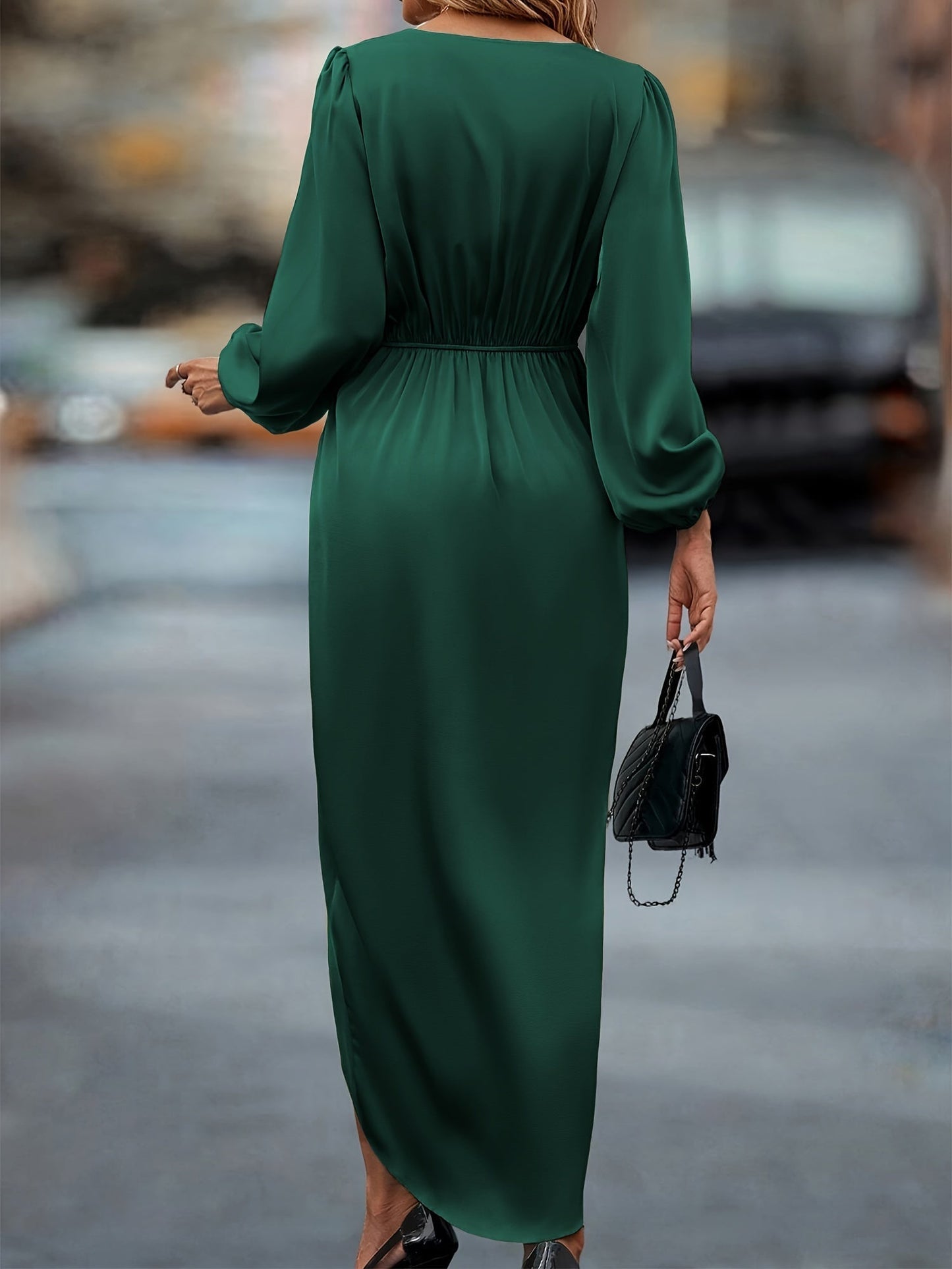 Women’s Draped Wrap Midi Dress with Long Sleeves