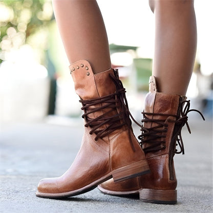 Women's Vintage Lace-Up Leather Boots with Studded Detail for Everyday Adventure