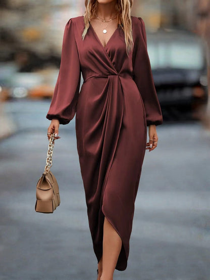 Elegant Women's V-Neck Satin Maxi Dress with Long Bell Sleeves and Front Slit for Summer
