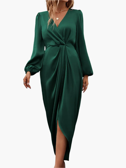 Women’s Draped Wrap Midi Dress with Long Sleeves