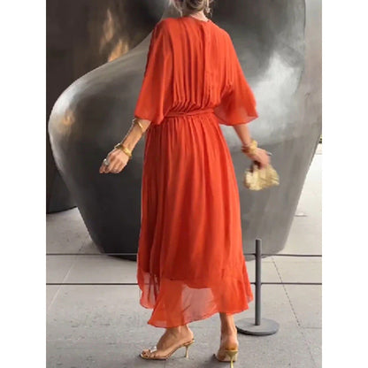 Women’s Elegant Wrap Midi Dress with Flowing Sleeves for Special Occasions