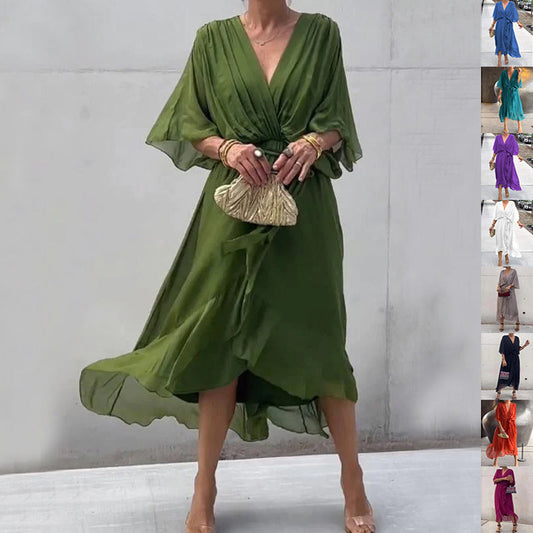 Women’s Elegant Wrap Midi Dress with Flowing Sleeves for Special Occasions