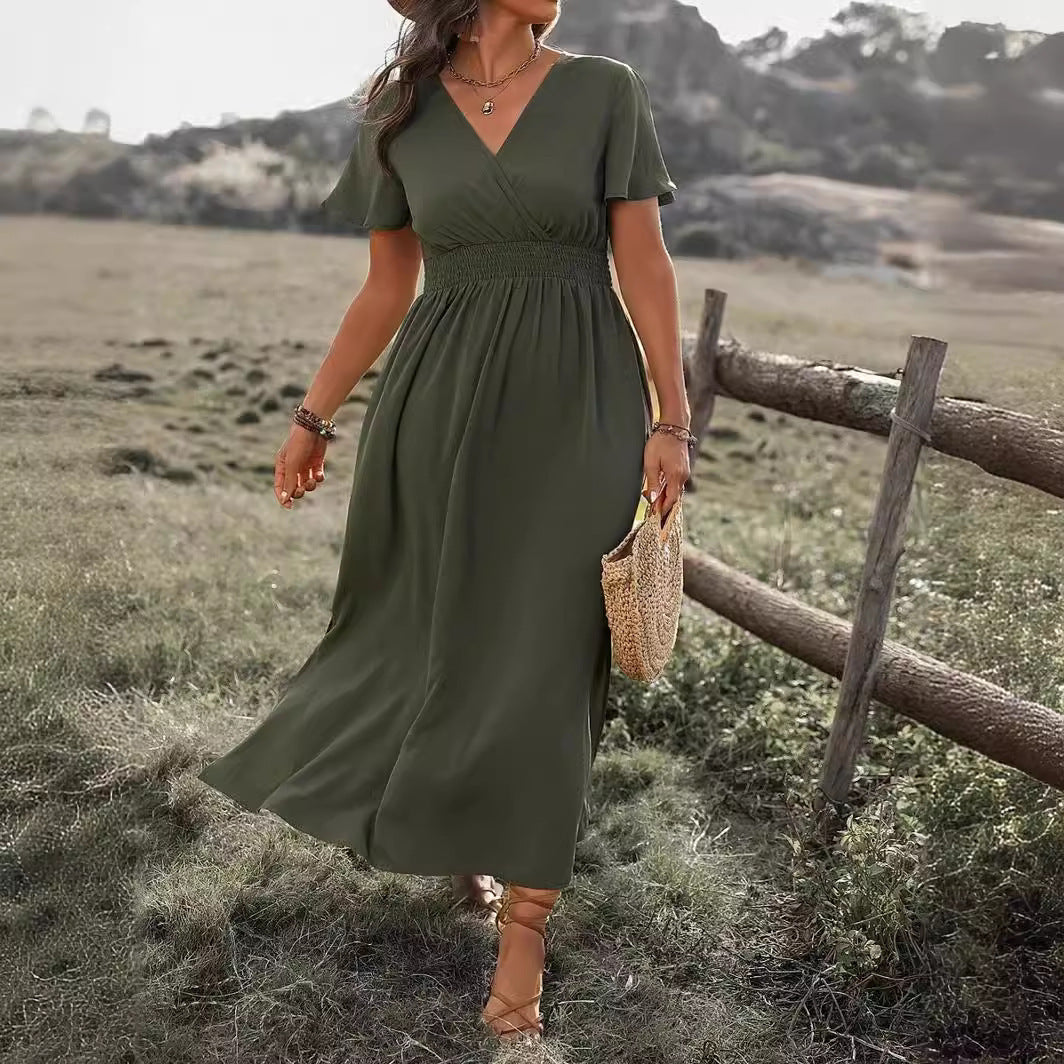 Helen – Long Slimming Dress with V-neck and Bell Sleeves