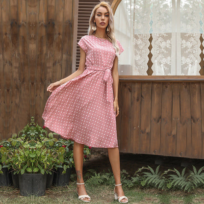 Women’s Vintage Polka Dot Midi Dress with Belted Waist