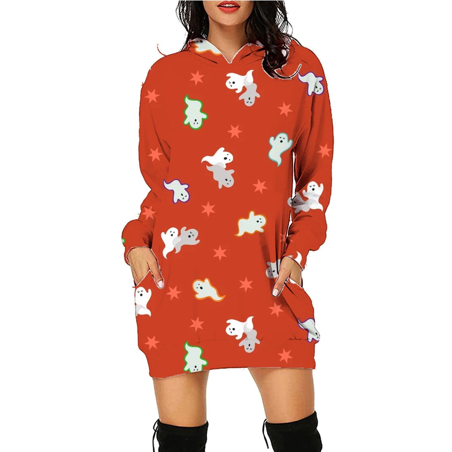 Women's Halloween Hooded Sweatshirt Dress – Fun Printed Costume & Party Wear