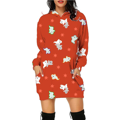 Women's Halloween Hooded Sweatshirt Dress – Fun Printed Costume & Party Wear