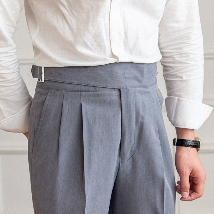 Men's High-Waisted Pleated Tailored Trousers for Business and Formal Wear