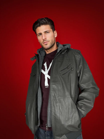 Men's Urban Moto Hooded Vegan Leather Jacket - Futuristic Street Style Outerwear