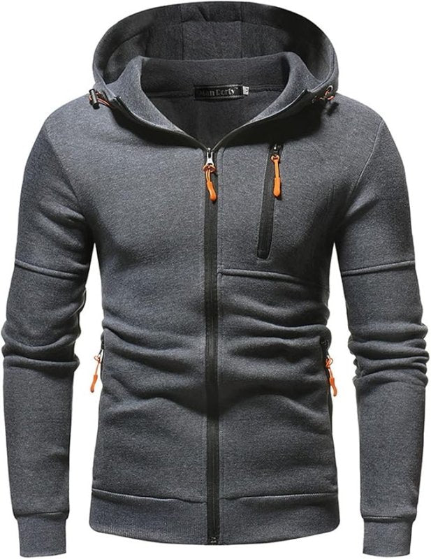 Men's Casual Full Zip Hoodie with Adjustable Drawstring Hood and Pockets