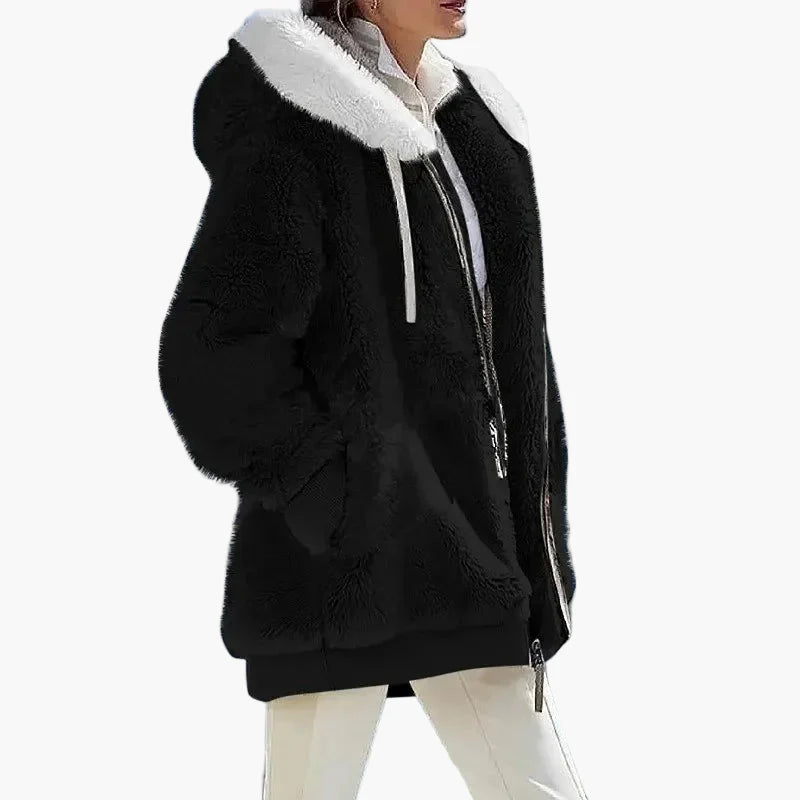 Women's Winter Hooded Plush Jacket with Zipper – Cozy Casual Outerwear for Cold Weather