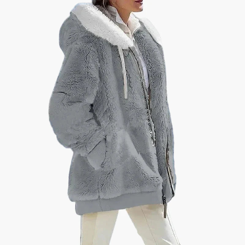 Women's Winter Hooded Plush Jacket with Zipper – Cozy Casual Outerwear for Cold Weather
