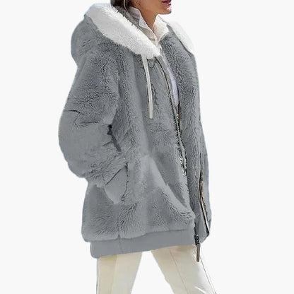 Women's Winter Hooded Plush Jacket with Zipper – Cozy Casual Outerwear for Cold Weather