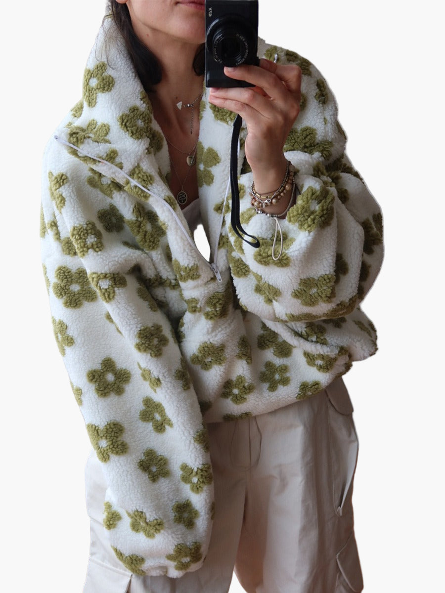 Women's Cozy Boho Floral Sherpa Pullover Sweatshirt - Relaxed Fit for Fall & Lounge