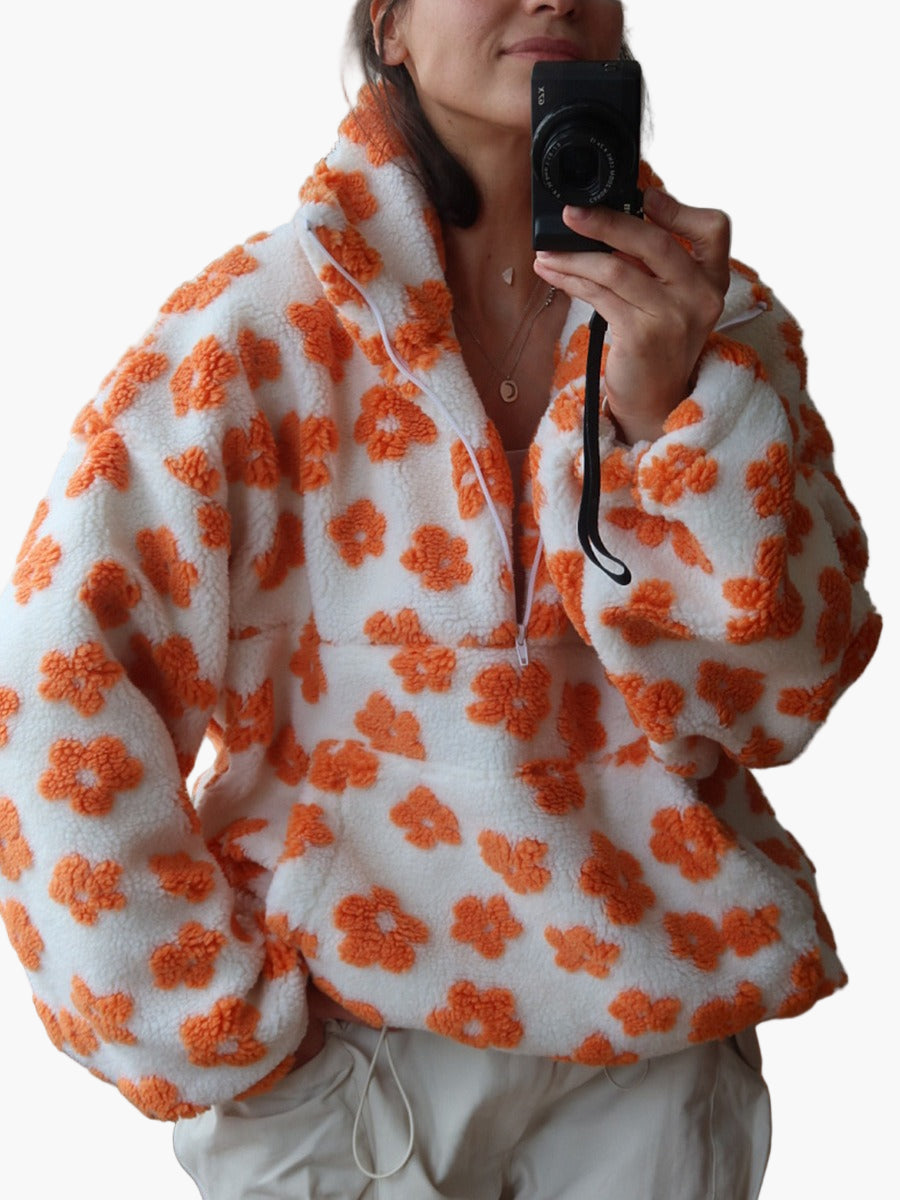 Women's Cozy Boho Floral Sherpa Pullover Sweatshirt - Relaxed Fit for Fall & Lounge