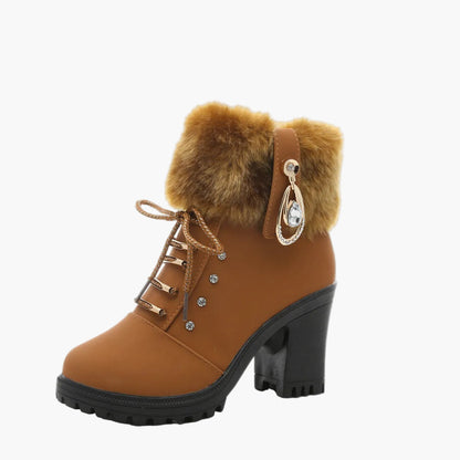 Women's High Heel Ankle Boots with Faux Fur and Lace-Up Design for Winter Fashion