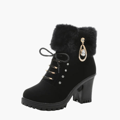Women's High Heel Ankle Boots with Faux Fur and Lace-Up Design for Winter Fashion