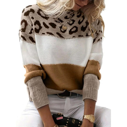 Women's Casual Leopard Print Colorblock Knit Sweater - Trendy Winter Pullover