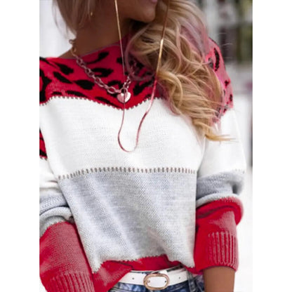 Women's Casual Leopard Print Colorblock Knit Sweater - Trendy Winter Pullover