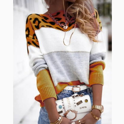 Women's Casual Leopard Print Colorblock Knit Sweater - Trendy Winter Pullover