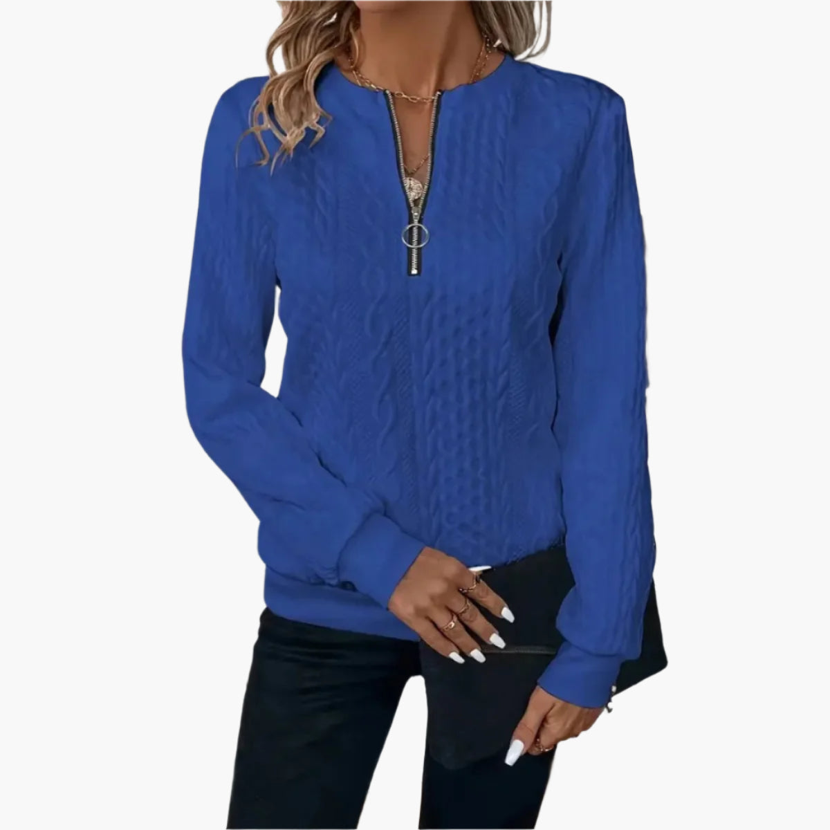 Women's Casual Cable Knit Sweater with Zipper – Elegant Pullover for Fall and Winter