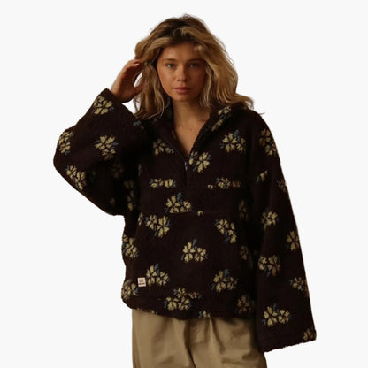Women's Cozy Boho Floral Sherpa Pullover Sweatshirt - Relaxed Fit for Fall & Lounge