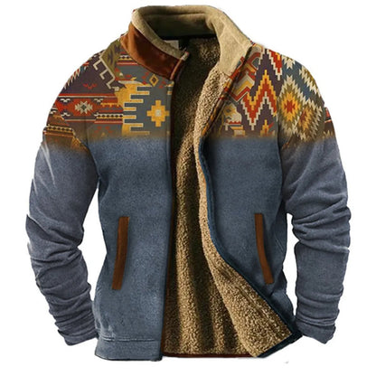 Men's Outdoor Fleece Jacket – Vintage Geometric Style, Casual Urban Appeal