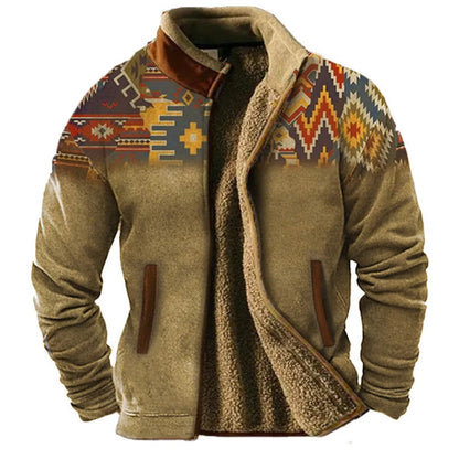 Men's Outdoor Fleece Jacket – Vintage Geometric Style, Casual Urban Appeal