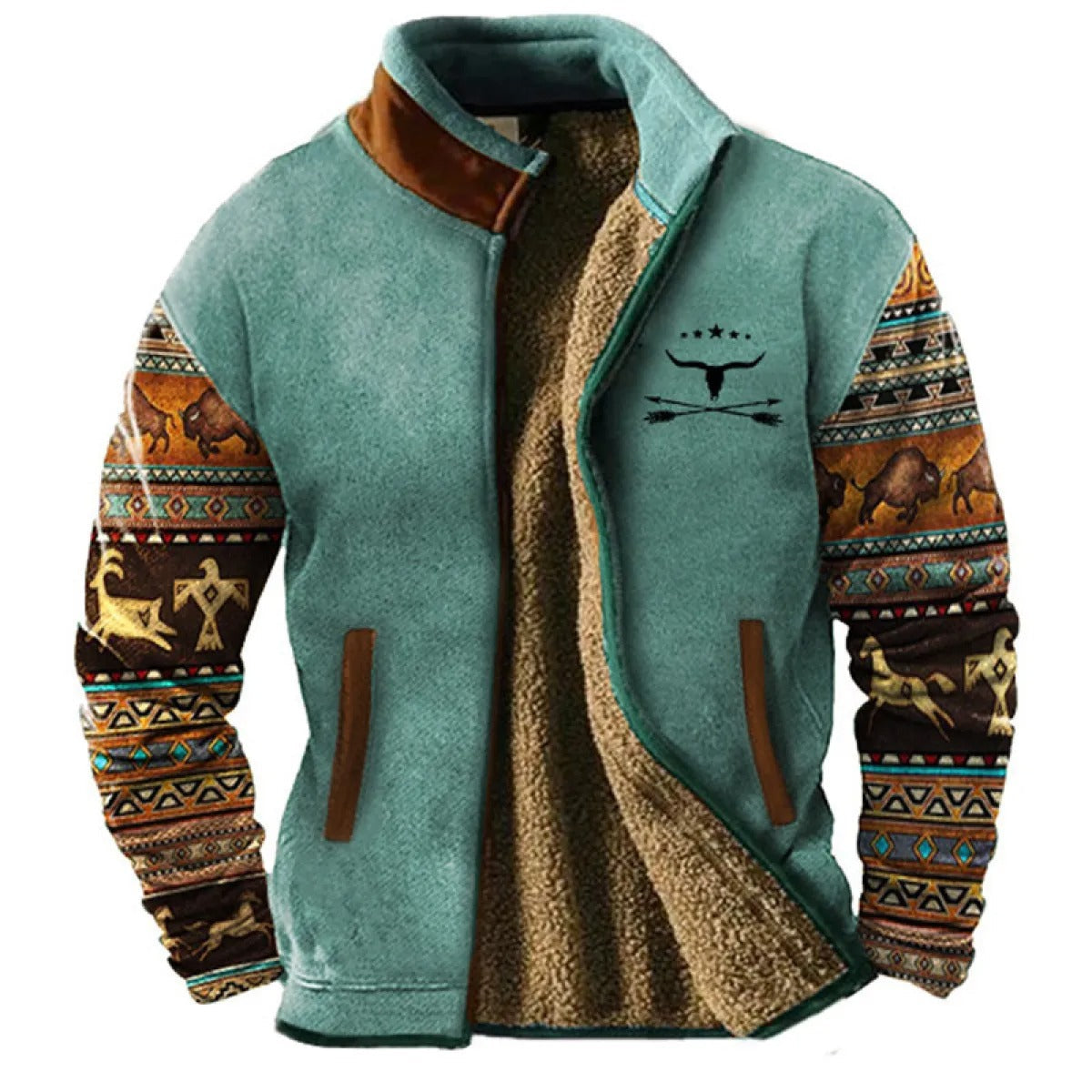 Men's Outdoor Fleece Jacket – Vintage Geometric Style, Casual Urban Appeal