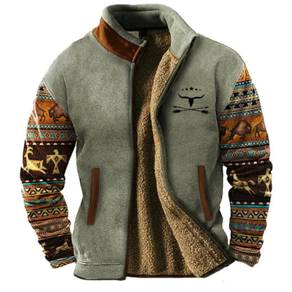 Men's Outdoor Fleece Jacket – Vintage Geometric Style, Casual Urban Appeal