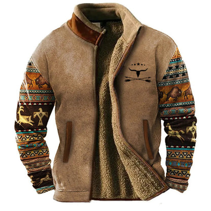Men's Outdoor Fleece Jacket – Vintage Geometric Style, Casual Urban Appeal