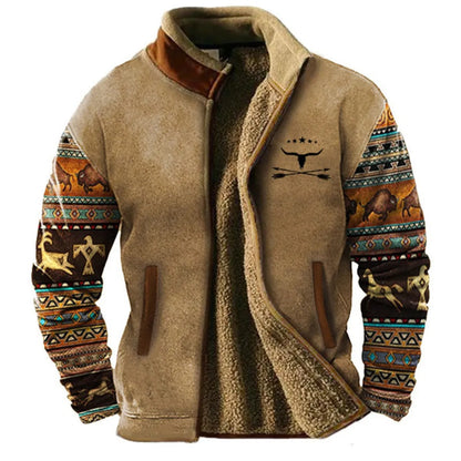 Men's Outdoor Fleece Jacket – Vintage Geometric Style, Casual Urban Appeal