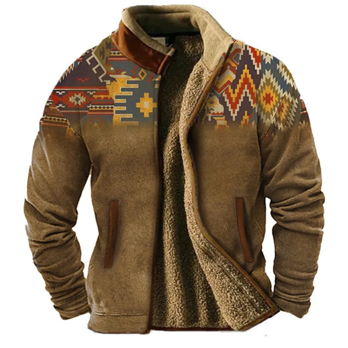 Men's Outdoor Fleece Jacket – Vintage Geometric Style, Casual Urban Appeal