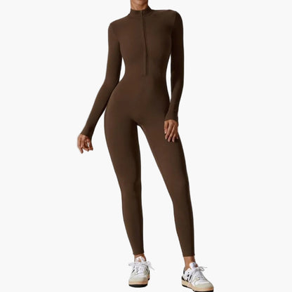 Women's Long Sleeve Athletic Zipper Jumpsuit - Fitted Sportswear Bodysuit