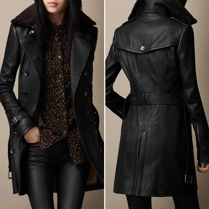 Women's Elegant Leather Trench Coat - Tailored Fit, Timeless Style, Fashion Statement