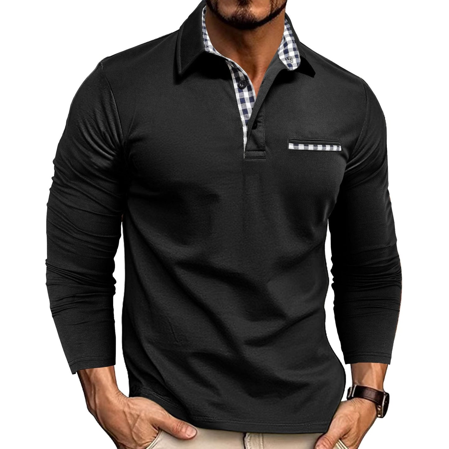 Men's Long Sleeve Polo Shirt with Checked Collar – Slim Fit Stylish Casual Top