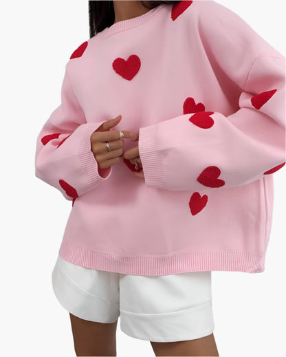 Women's Oversized Comfy Heart Print Lounge Sweater – Casual Cozy Style