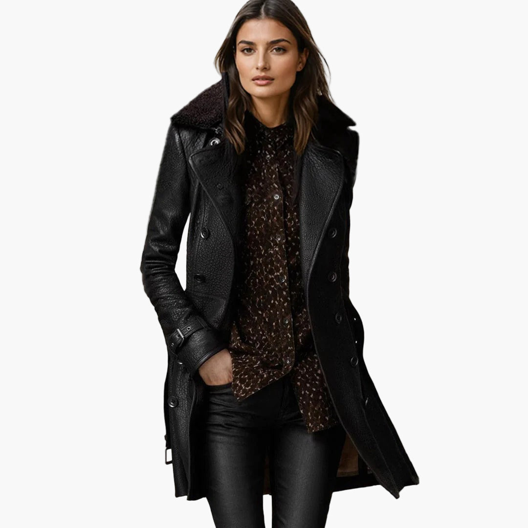 Women's Elegant Leather Trench Coat - Tailored Fit, Timeless Style, Fashion Statement