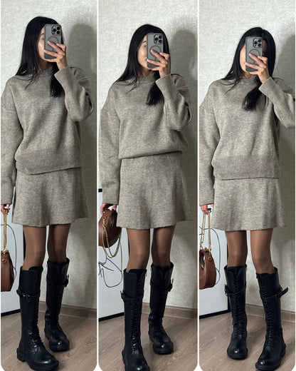 Women's Knit Sweater and Skirt Set, Relaxed Fit, Autumn Winter Casual Chic