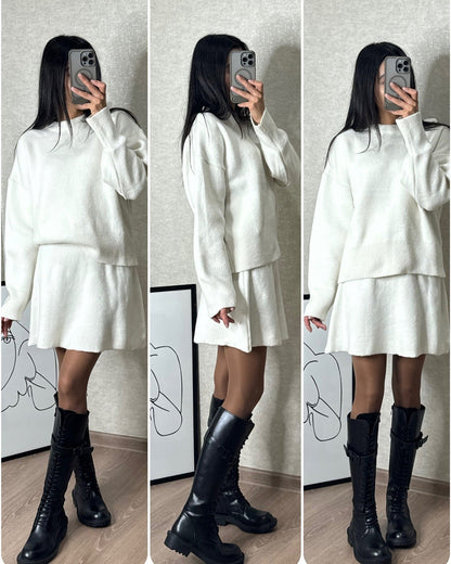 Women's Knit Sweater and Skirt Set, Relaxed Fit, Autumn Winter Casual Chic