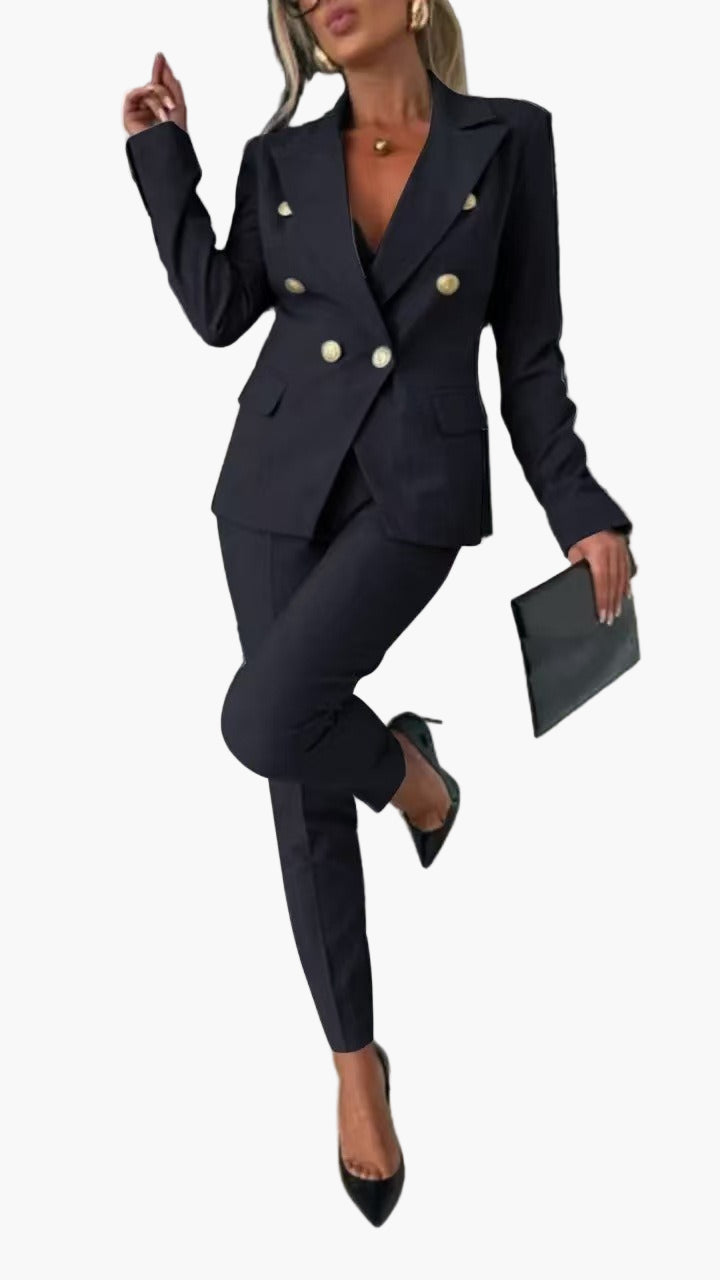 Women's Double-Breasted Business Suit with Tailored Blazer and Pants - Elegant Professional Outfit