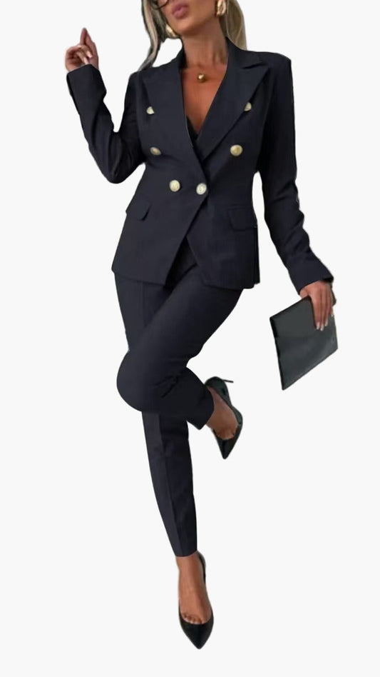 Women's Double-Breasted Business Suit with Tailored Blazer and Pants - Elegant Professional Outfit