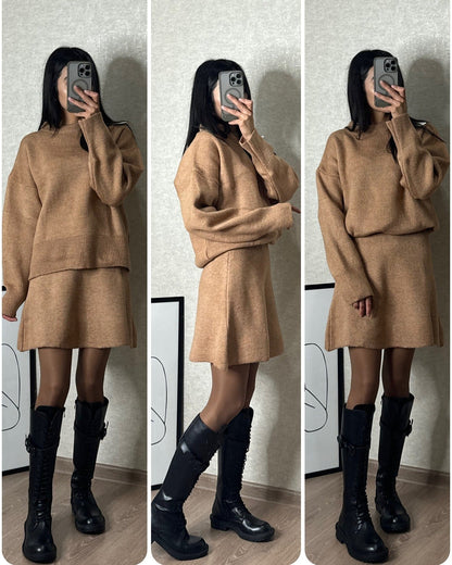 Women's Knit Sweater and Skirt Set, Relaxed Fit, Autumn Winter Casual Chic
