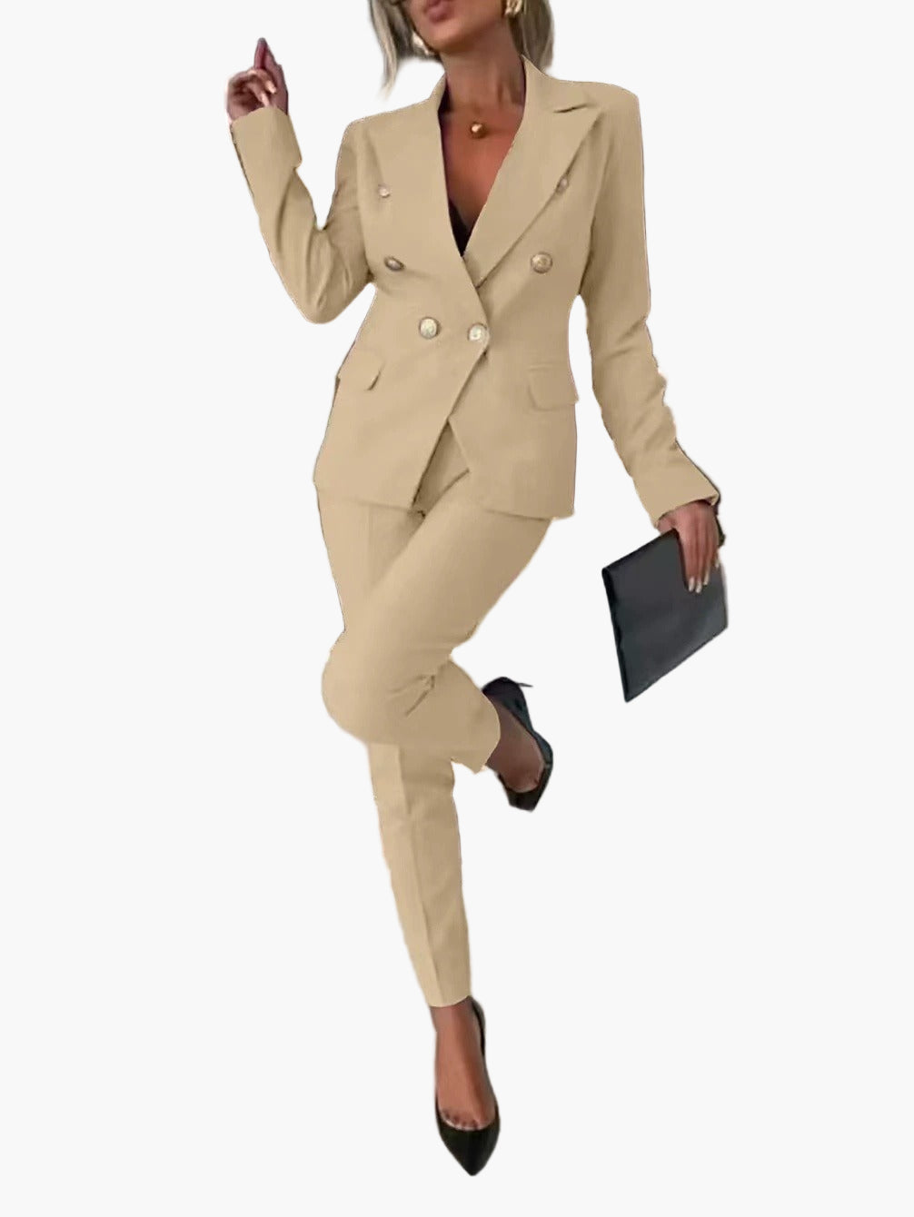 Women's Double-Breasted Business Suit with Tailored Blazer and Pants - Elegant Professional Outfit