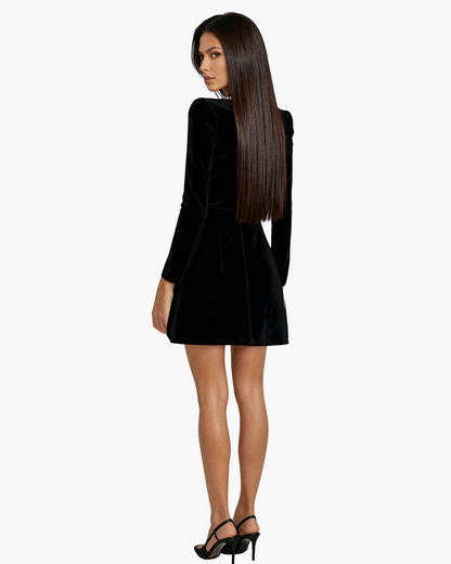 Women's Velvet Party Mini Dress with Crystal Embellished Neckline, Elegant Long Sleeve, Festive Occasions