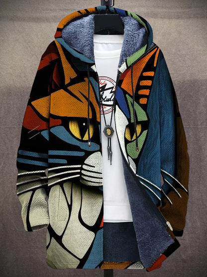 Women's Artistic Cat Print Zip Up Hoodie Jacket - Unique Statement Casual Wear