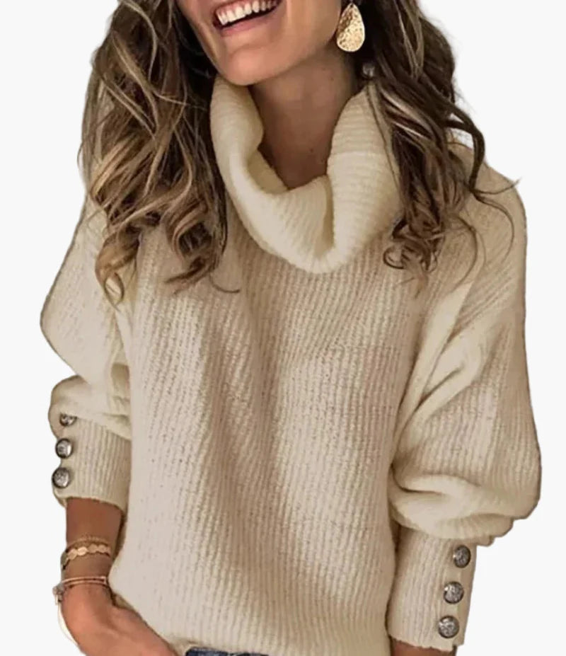 Women's Cozy Turtleneck Pullover Sweater with Button Sleeve Design for Casual Style