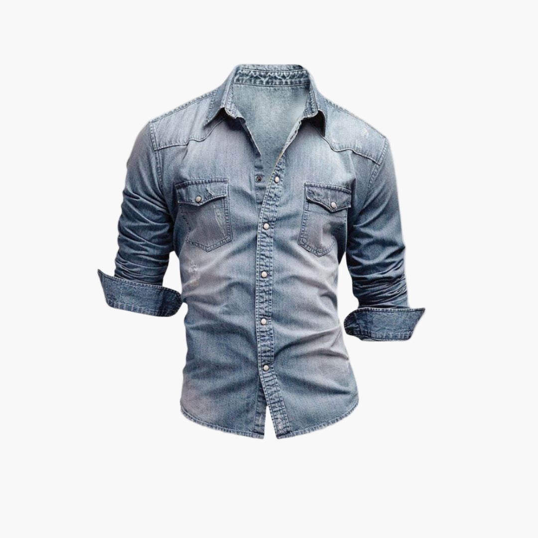 Men's Western Denim Shirt with Snap Buttons - Classic Casual Style